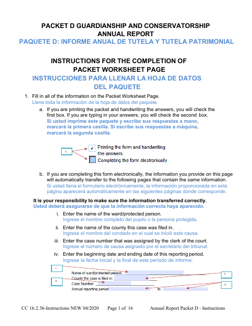 Instructions for Form CC16:2.36 Packet D - Guardianship and Conservatorship Annual Reporting Forms - Nebraska (English/Spanish)