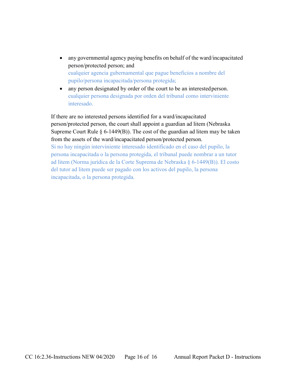 Instructions for Form CC16:2.36 Packet D - Guardianship and Conservatorship Annual Reporting Forms - Nebraska (English / Spanish), Page 16