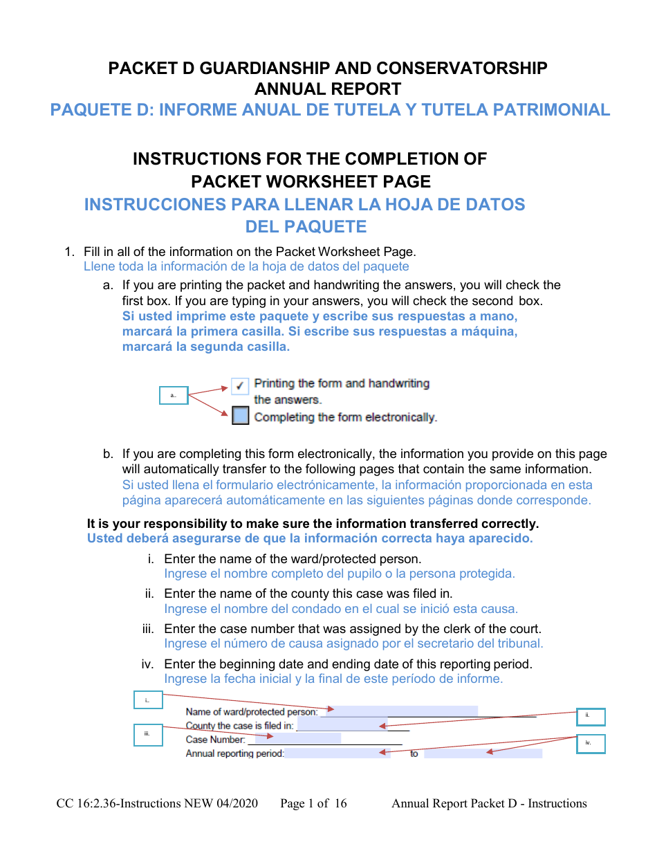 Instructions for Form CC16:2.36 Packet D - Guardianship and Conservatorship Annual Reporting Forms - Nebraska (English / Spanish), Page 1