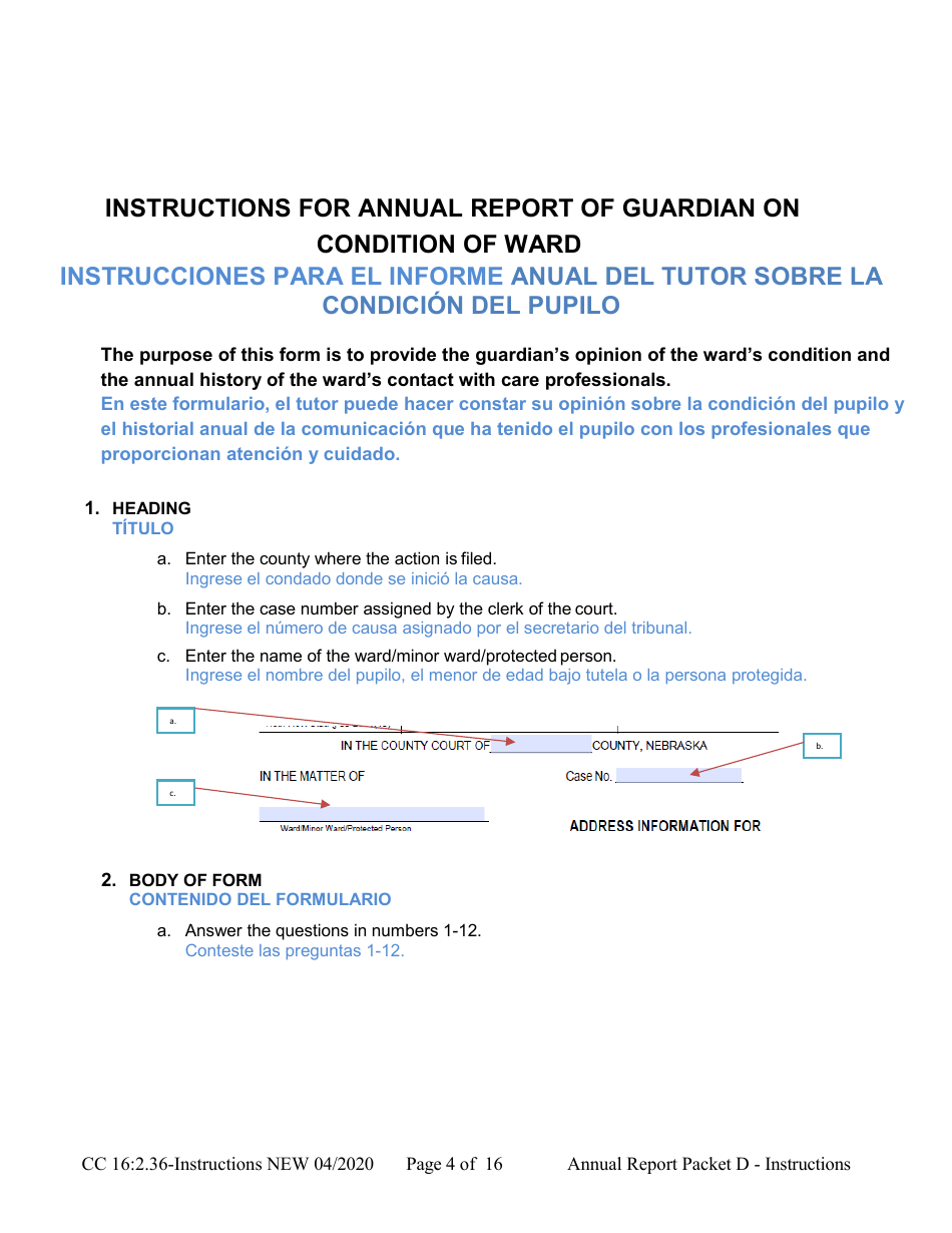 Instructions for Form CC16:2.36 Packet D - Guardianship and Conservatorship Annual Reporting Forms - Nebraska (English / Spanish), Page 4