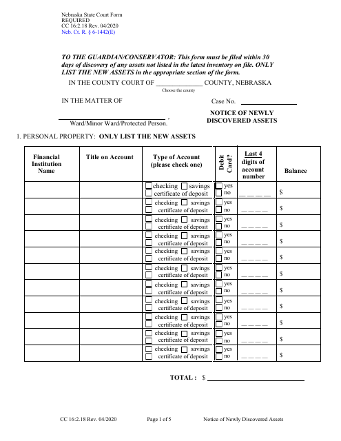 Form CC16:2.18 Notice of Newly Discovered Assets - Nebraska