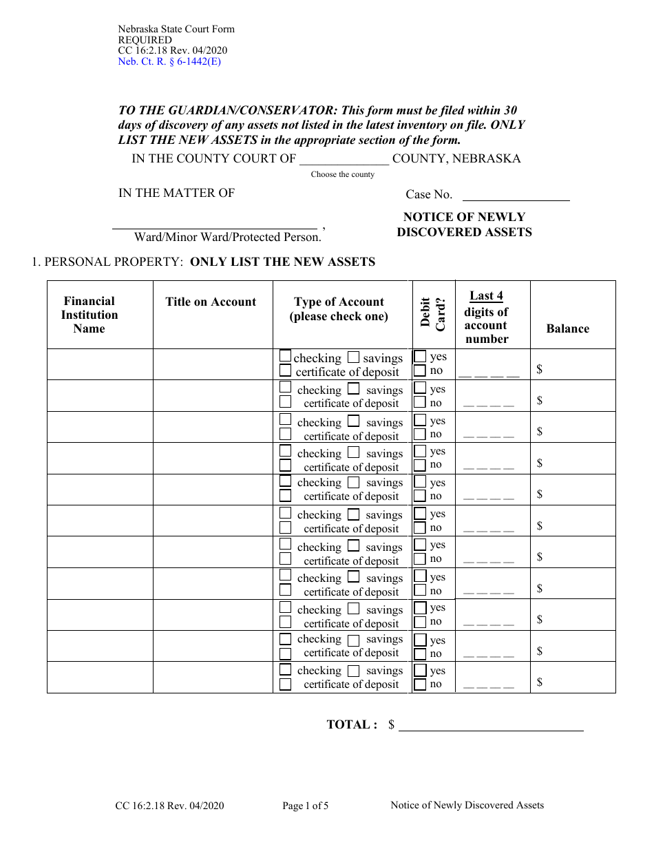 Form CC16:2.18 Notice of Newly Discovered Assets - Nebraska, Page 1