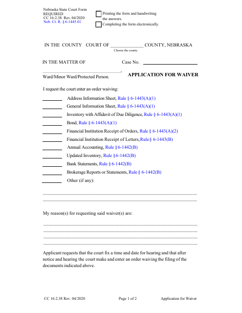 Form CC16:2.38 Application for Waiver - Nebraska