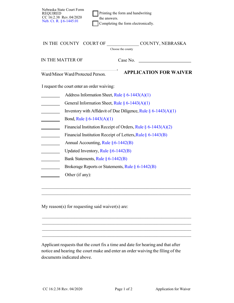 Form CC16:2.38 Application for Waiver - Nebraska, Page 1