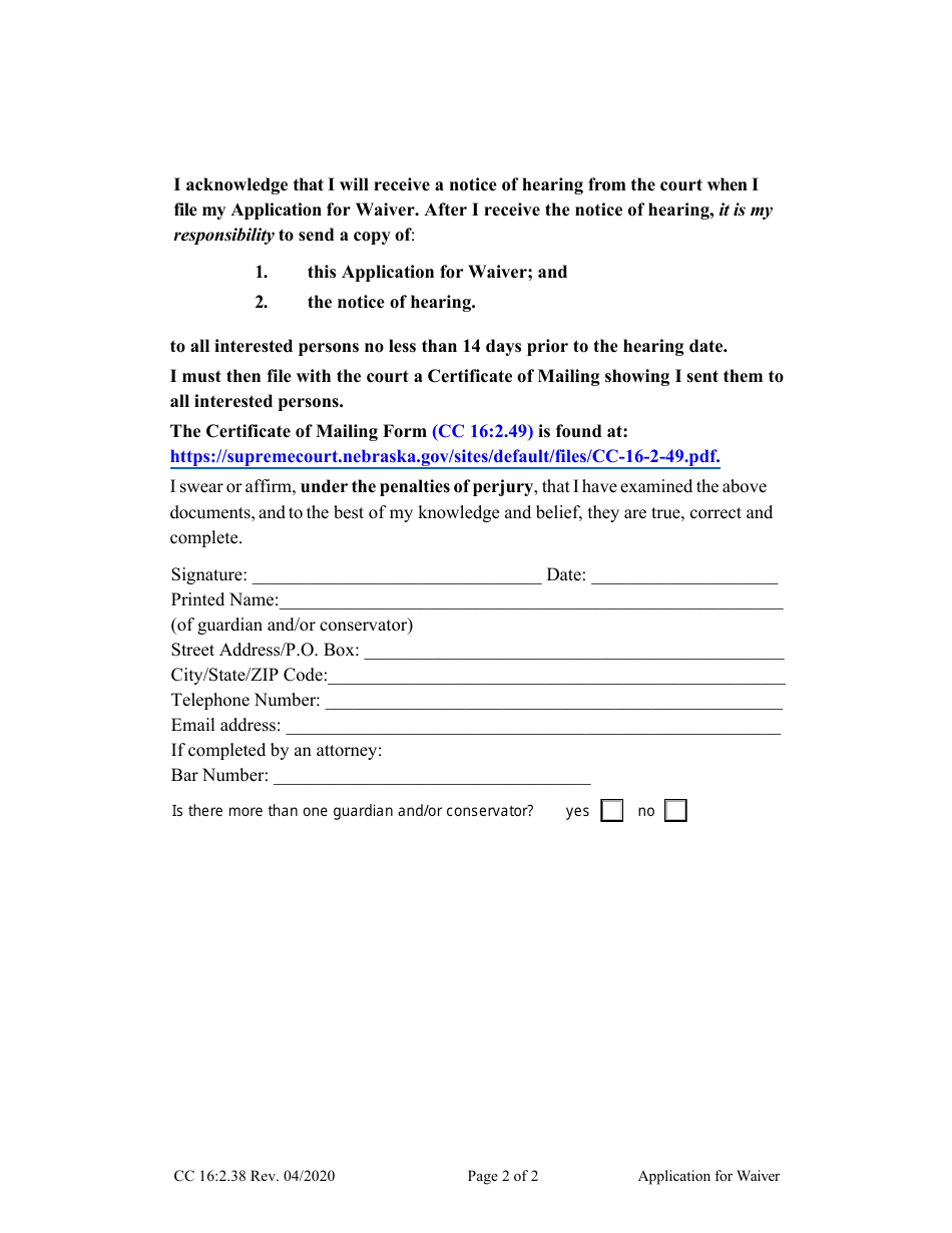 Form CC16:2.38 Application for Waiver - Nebraska, Page 2