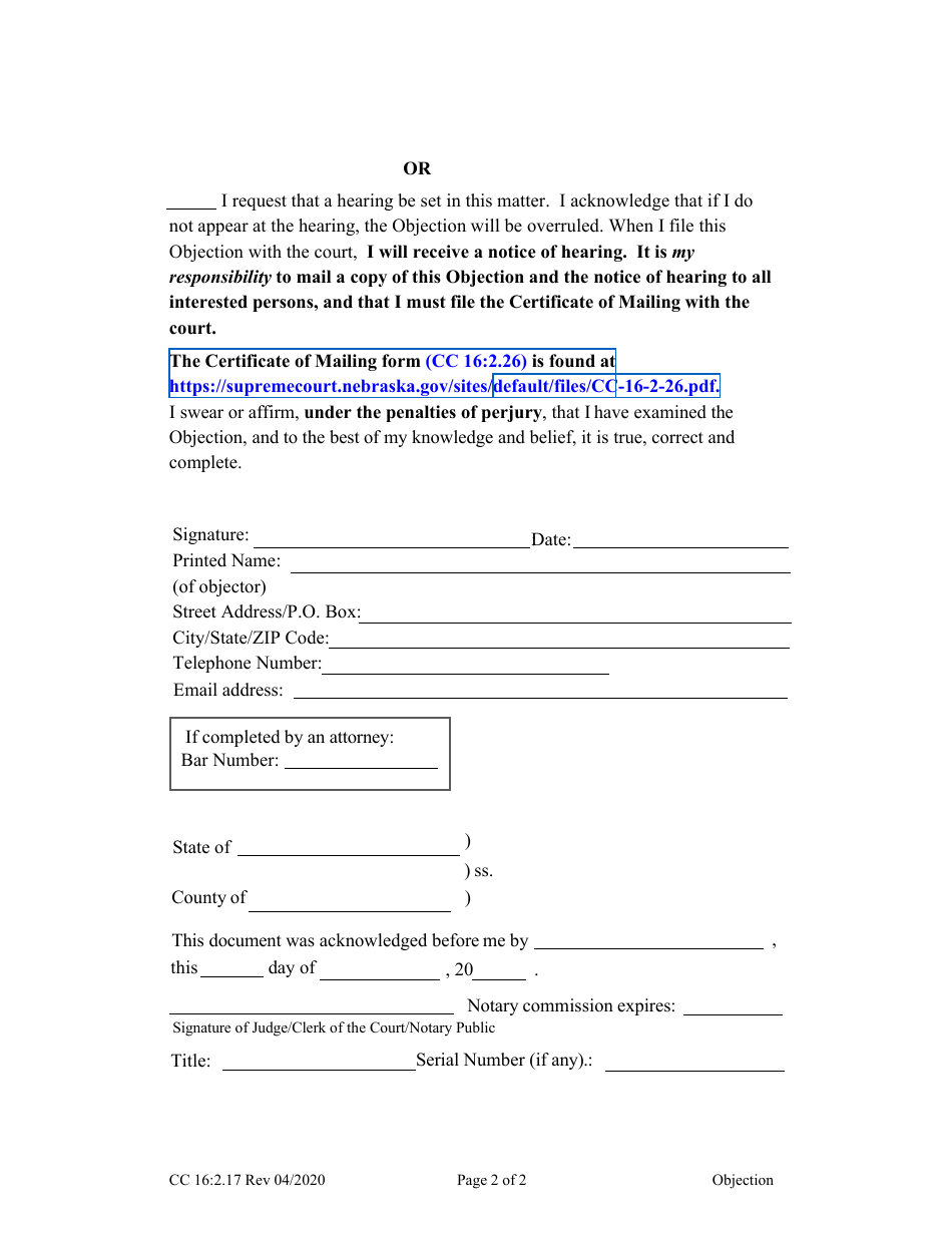 Form CC16:2.17 Objection - Nebraska, Page 2