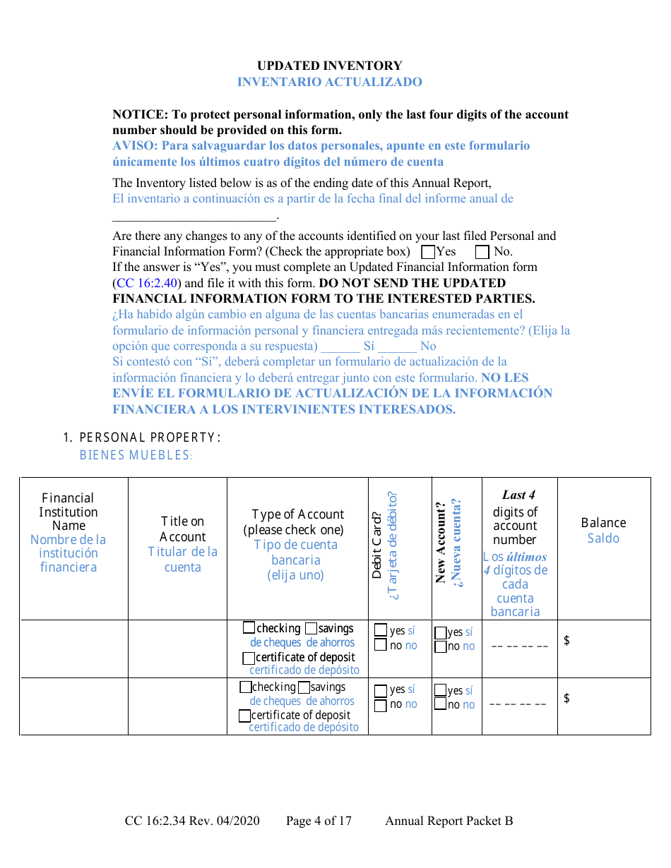 Form CC16:2.34 Packet B - Guardianship With Budget Annual Reporting Forms - Nebraska (English / Spanish), Page 10