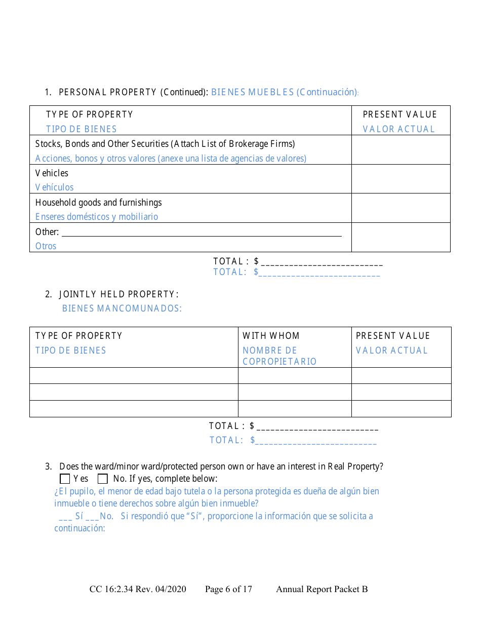 Form CC16:2.34 Packet B - Guardianship With Budget Annual Reporting Forms - Nebraska (English / Spanish), Page 12