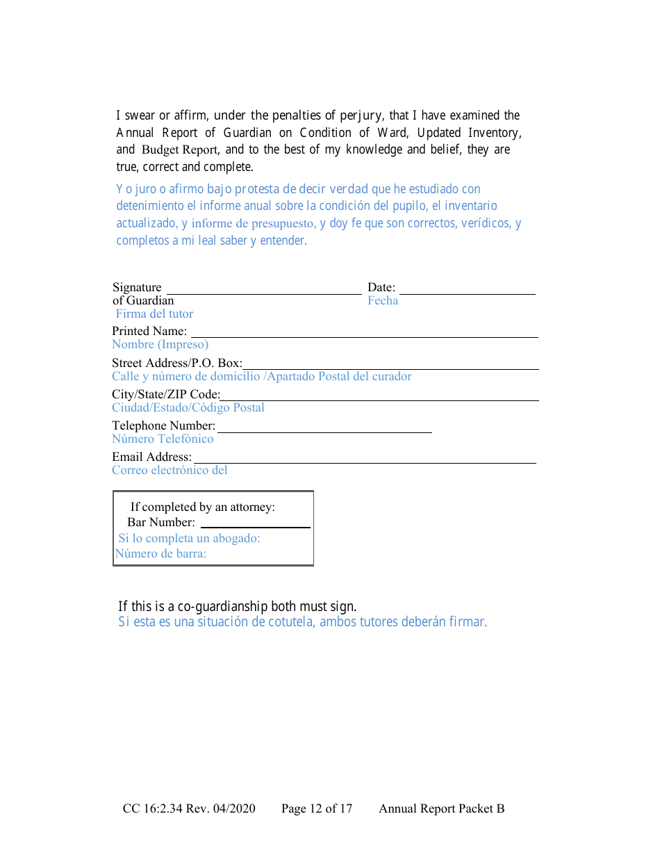 Form CC16:2.34 Packet B - Guardianship With Budget Annual Reporting Forms - Nebraska (English / Spanish), Page 18