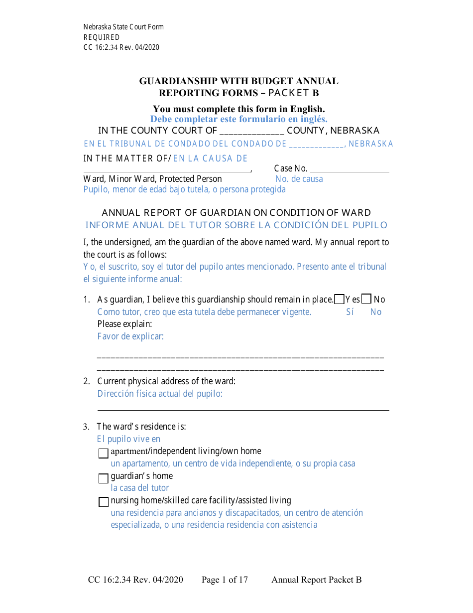 Form CC16:2.34 Packet B - Guardianship With Budget Annual Reporting Forms - Nebraska (English / Spanish), Page 7