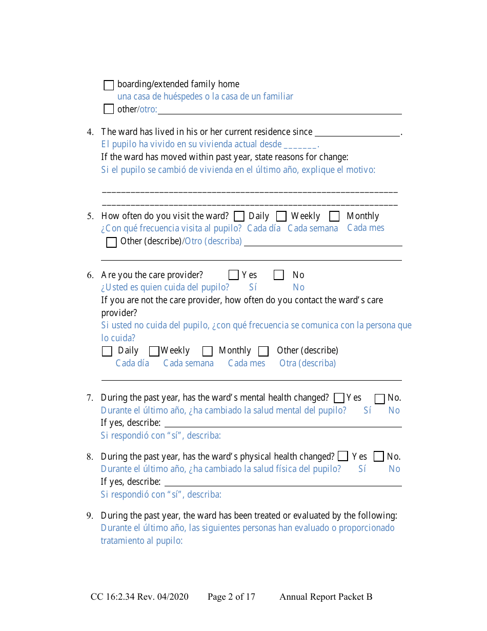 Form CC16:2.34 Packet B - Guardianship With Budget Annual Reporting Forms - Nebraska (English / Spanish), Page 8