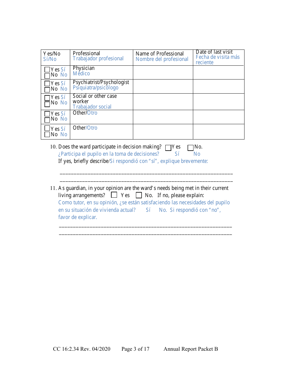 Form CC16:2.34 Packet B - Guardianship With Budget Annual Reporting Forms - Nebraska (English / Spanish), Page 9