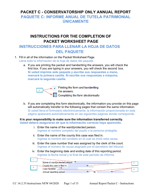 Instructions for Form CC16:2.35 Packet C - Conservatorship Annual Reporting Forms - Nebraska (English/Spanish)