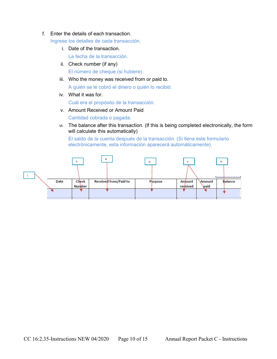 Instructions for Form CC16:2.35 Packet C - Conservatorship Annual Reporting Forms - Nebraska (English / Spanish), Page 10