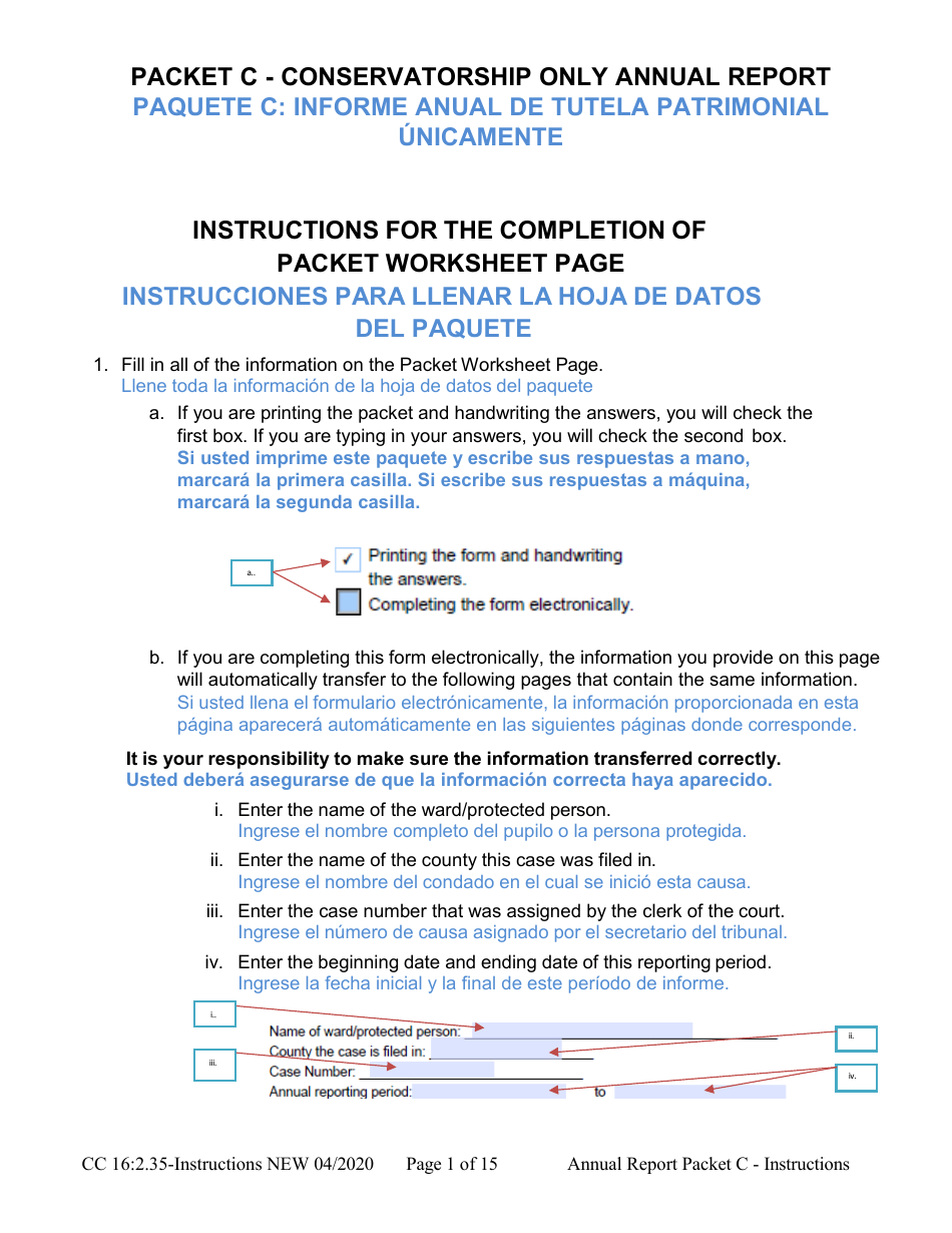 Instructions for Form CC16:2.35 Packet C - Conservatorship Annual Reporting Forms - Nebraska (English / Spanish), Page 1