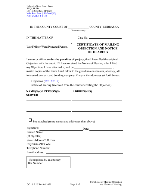 Form CC16:2.26 Certificate of Mailing Objection and Notice of Hearing - Nebraska