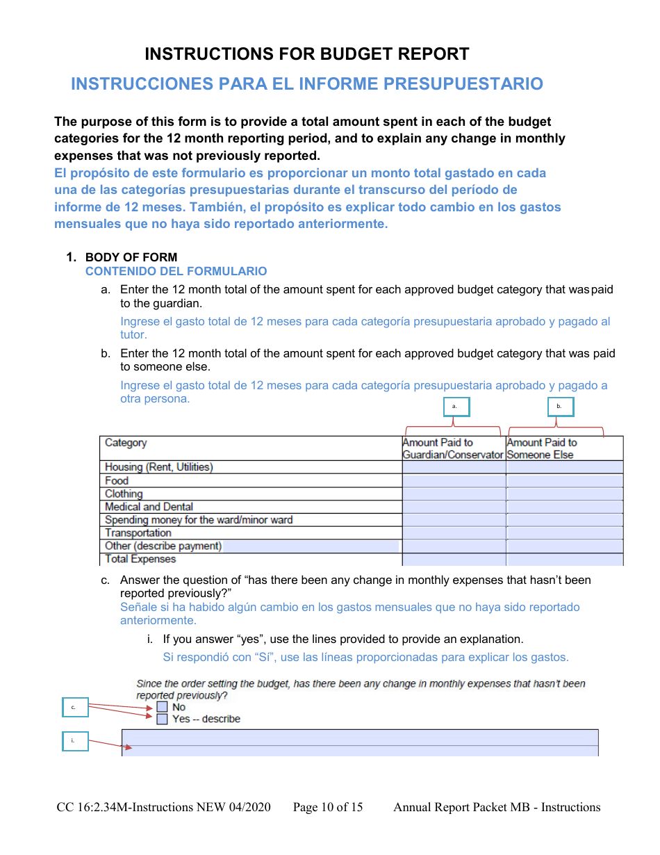 Instructions for Form CC16:2.34M Packet Mb - Guardianship for a Minor With a Budget Annual Reporting Forms - Nebraska (English / Spanish), Page 10