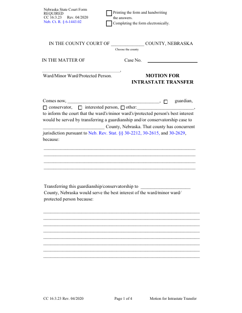 Form CC16:3.23 Motion for Intrastate Transfer - Nebraska