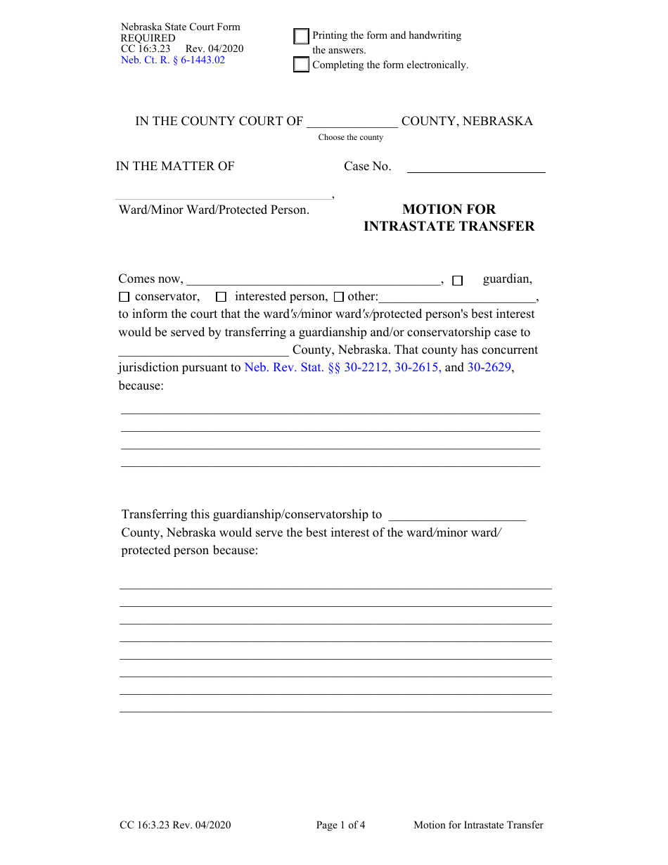 Form CC16:3.23 Motion for Intrastate Transfer - Nebraska, Page 1