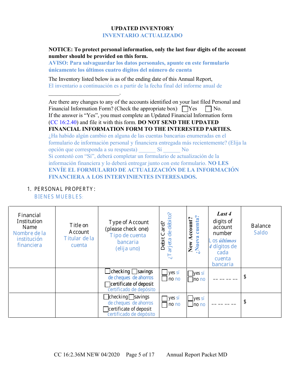 Form CC16:2.36M Packet Md - Guardianship and Conservatorship for a Minor Annual Reporting Forms - Nebraska (English / Spanish), Page 11
