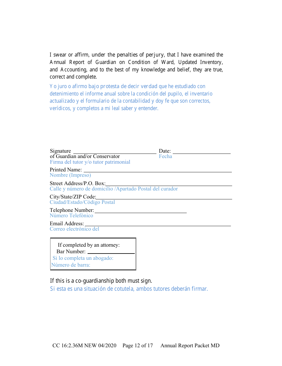 Form CC16:2.36M Packet Md - Guardianship and Conservatorship for a Minor Annual Reporting Forms - Nebraska (English / Spanish), Page 18