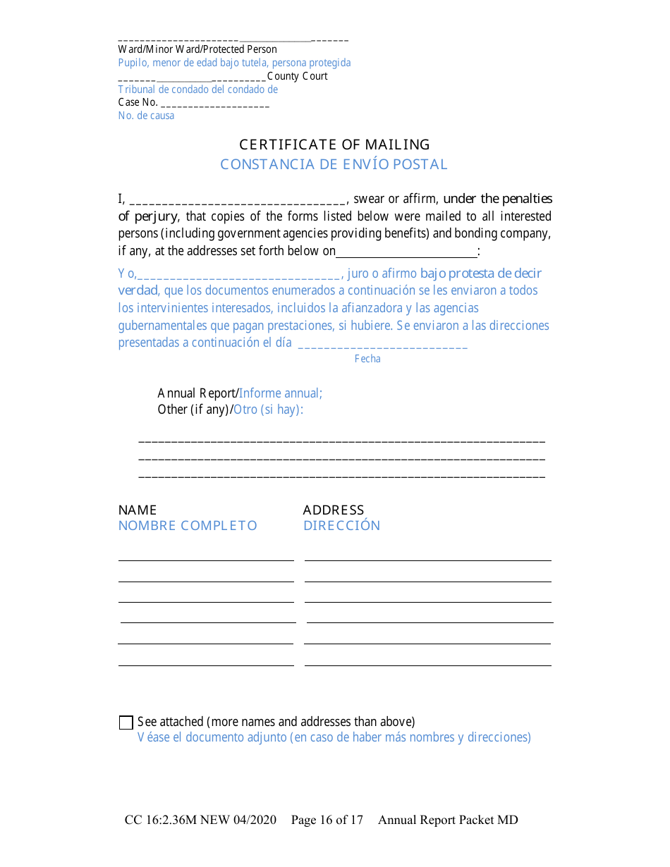 Form CC16:2.36M Packet Md - Guardianship and Conservatorship for a Minor Annual Reporting Forms - Nebraska (English / Spanish), Page 22