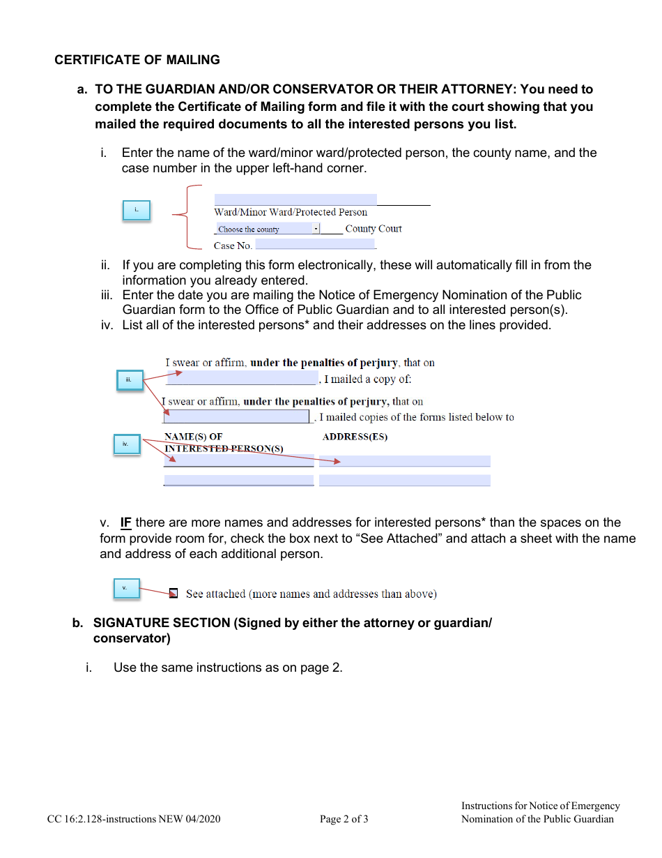 Instructions for Form CC16:2.128 Notice of Emergency Nomination of the Public Guardian and Certificate of Mailing - Nebraska, Page 2