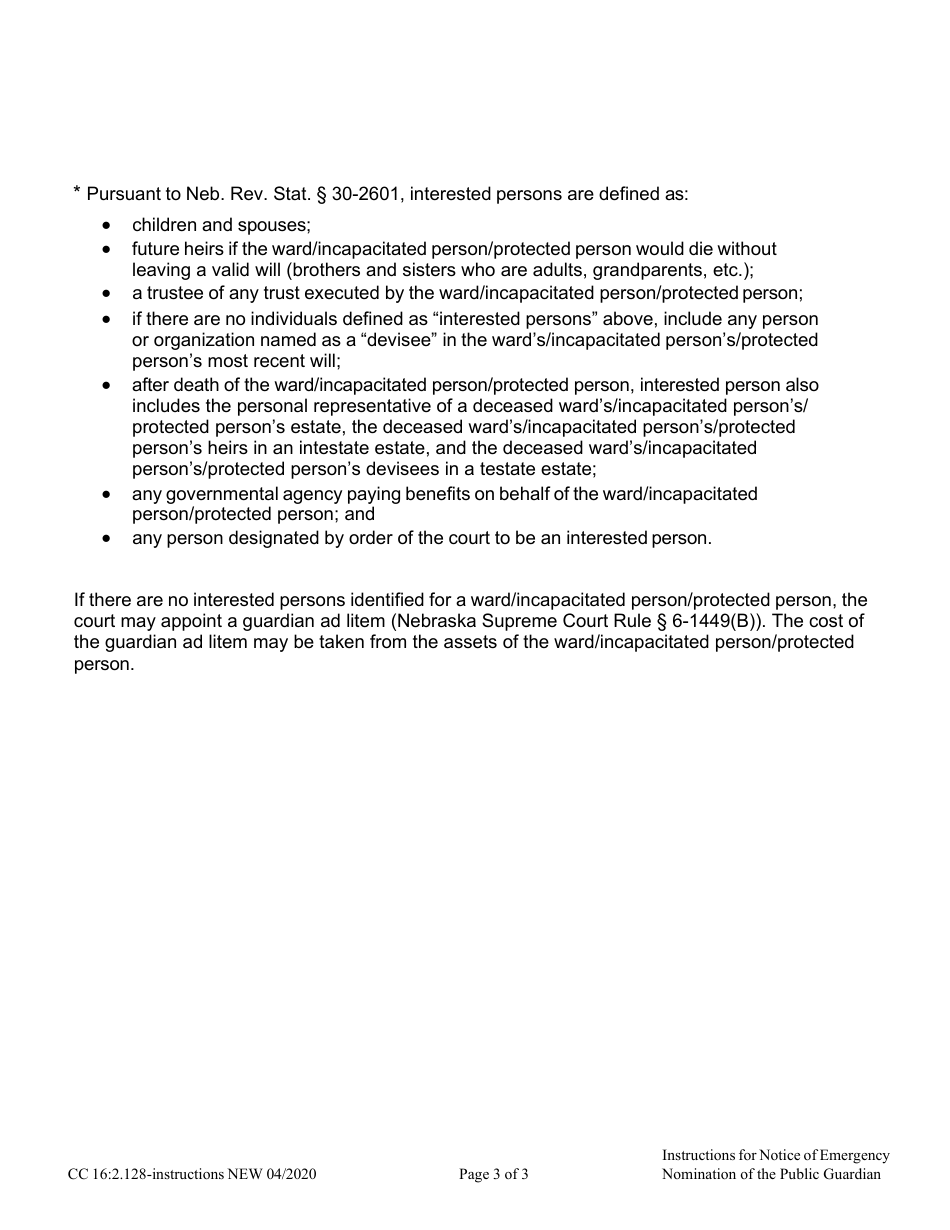 Instructions for Form CC16:2.128 Notice of Emergency Nomination of the Public Guardian and Certificate of Mailing - Nebraska, Page 3