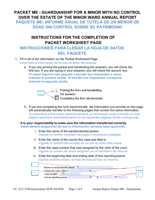 Instructions for Form CC16:2.37M Packet Me - Guardianship With No Authority Over the Estate of the Minor Ward Annual Reporting Forms - Nebraska (English/Spanish)