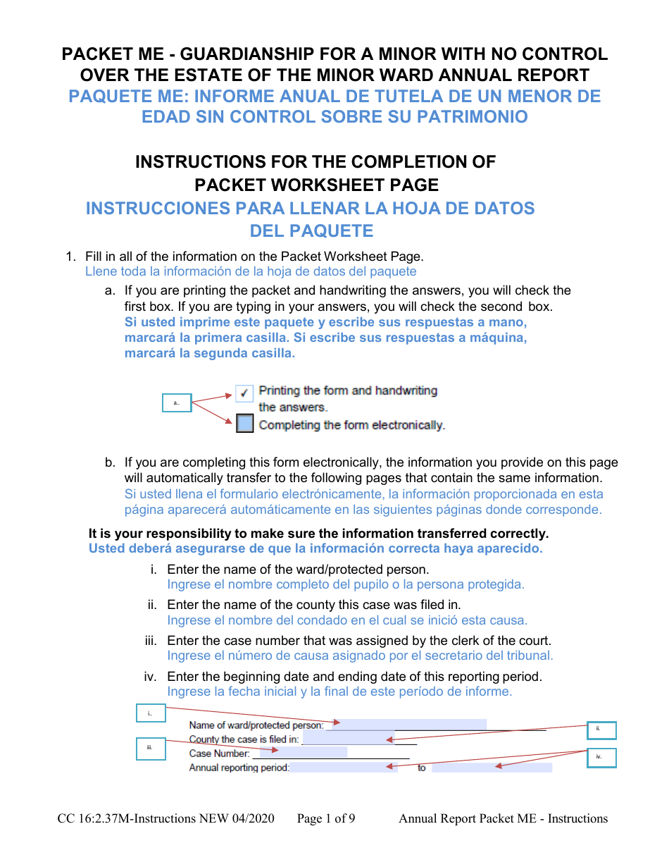 Instructions for Form CC16:2.37M Packet Me - Guardianship With No Authority Over the Estate of the Minor Ward Annual Reporting Forms - Nebraska (English / Spanish), Page 1