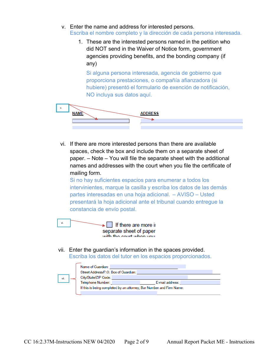 Instructions for Form CC16:2.37M Packet Me - Guardianship With No Authority Over the Estate of the Minor Ward Annual Reporting Forms - Nebraska (English / Spanish), Page 2