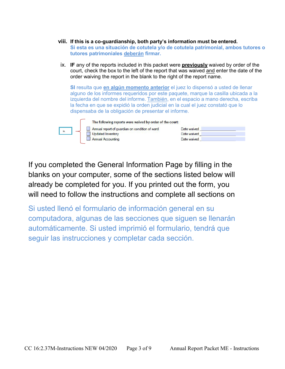 Instructions for Form CC16:2.37M Packet Me - Guardianship With No Authority Over the Estate of the Minor Ward Annual Reporting Forms - Nebraska (English / Spanish), Page 3