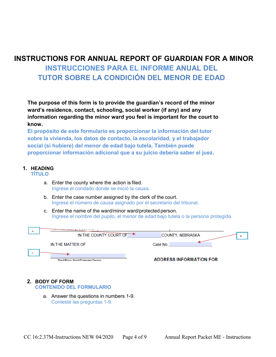 Instructions for Form CC16:2.37M Packet Me - Guardianship With No Authority Over the Estate of the Minor Ward Annual Reporting Forms - Nebraska (English / Spanish), Page 4