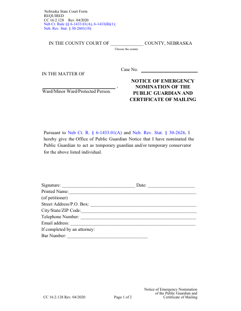 Form CC16:2.128 Notice of Emergency Nomination of the Public Guardian and Certificate of Mailing - Nebraska