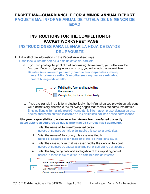 Instructions for Form CC16:2.33M Packet Ma - Guardianship for a Minor Annual Reporting Forms - Nebraska (English/Spanish)