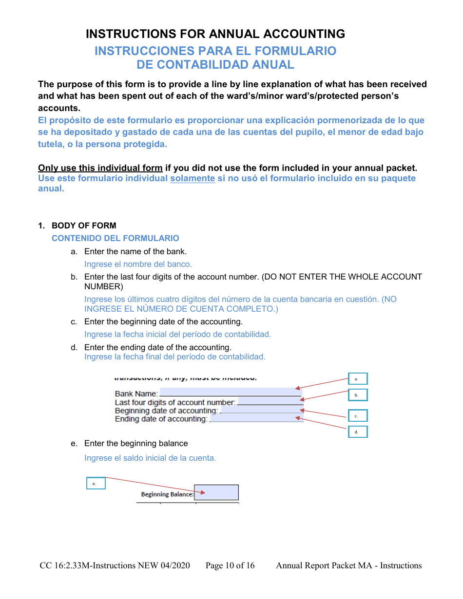 Instructions for Form CC16:2.33M Packet Ma - Guardianship for a Minor Annual Reporting Forms - Nebraska (English / Spanish), Page 10