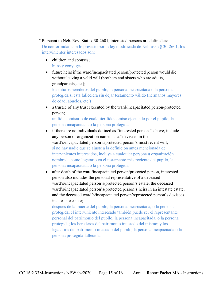 Instructions for Form CC16:2.33M Packet Ma - Guardianship for a Minor Annual Reporting Forms - Nebraska (English / Spanish), Page 15