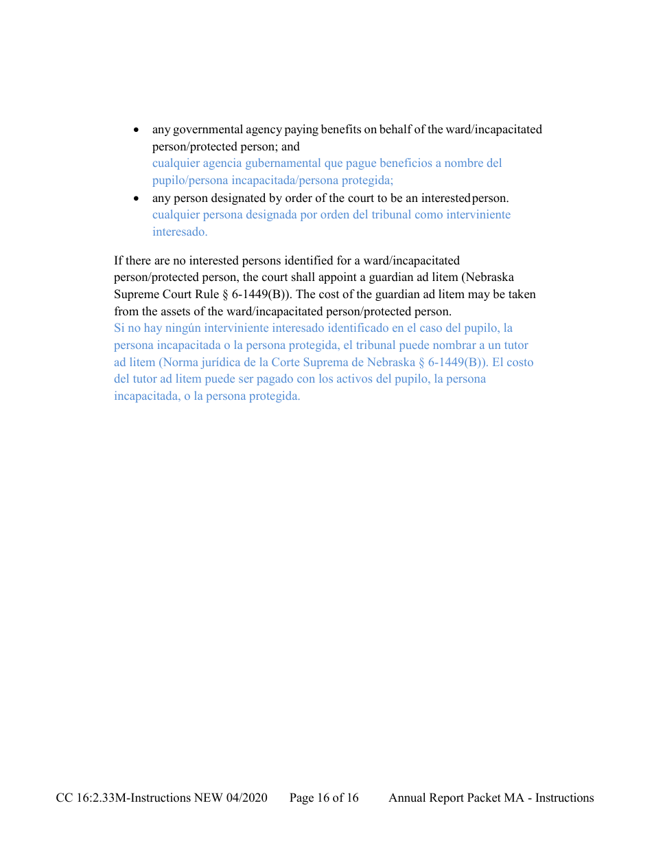 Instructions for Form CC16:2.33M Packet Ma - Guardianship for a Minor Annual Reporting Forms - Nebraska (English / Spanish), Page 16