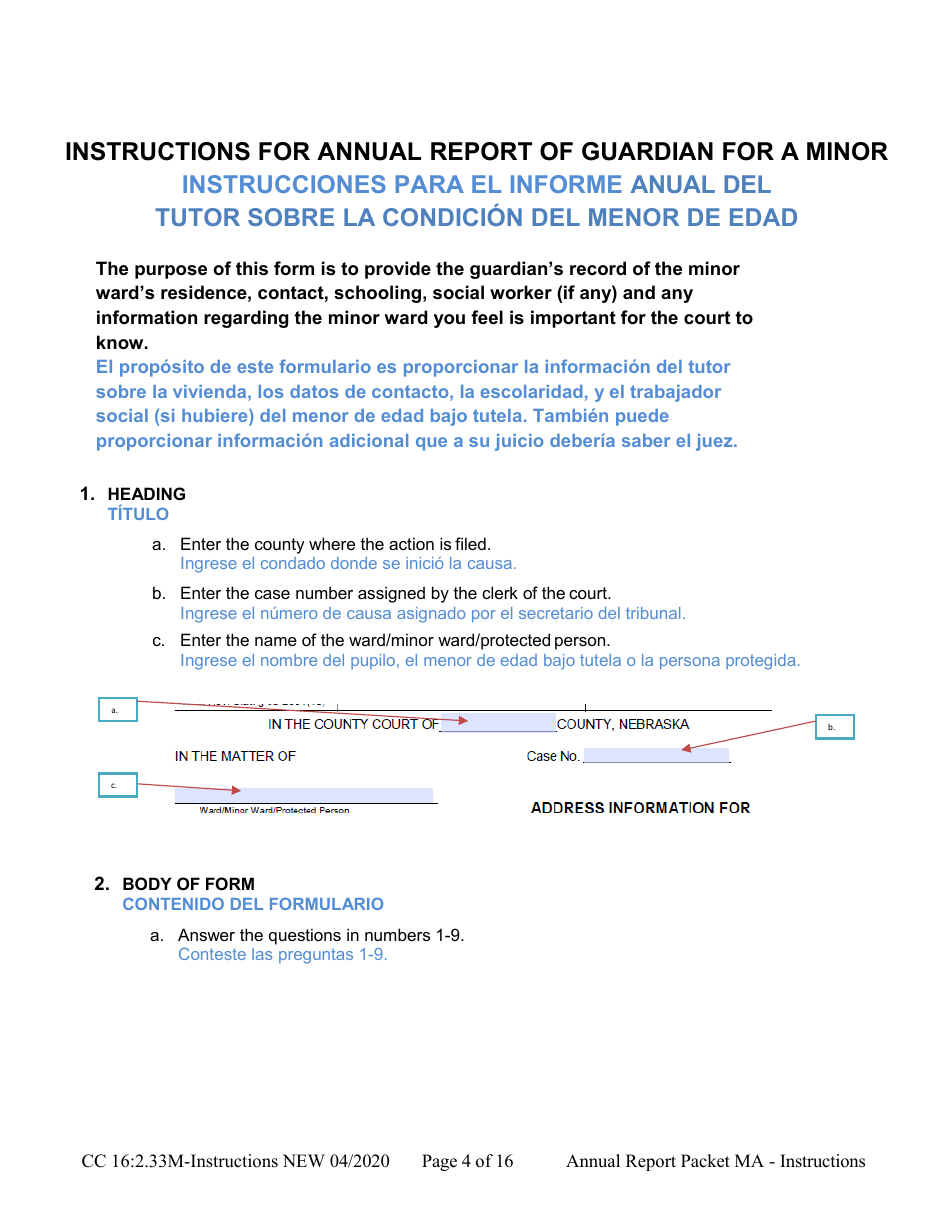 Instructions for Form CC16:2.33M Packet Ma - Guardianship for a Minor Annual Reporting Forms - Nebraska (English / Spanish), Page 4