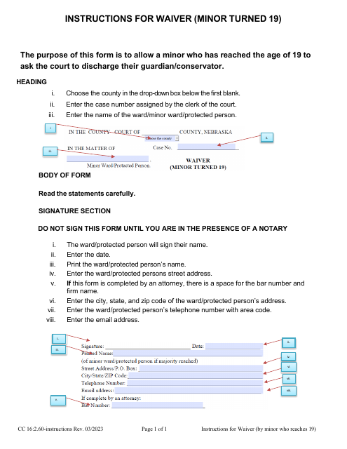 Instructions for Form CC16:2.60 Waiver (Minor Turned 19) - Nebraska