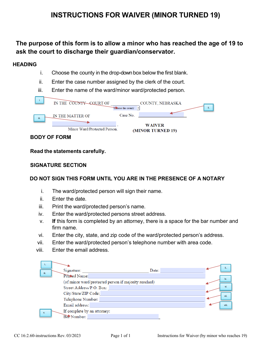 Instructions for Form CC16:2.60 Waiver (Minor Turned 19) - Nebraska, Page 1