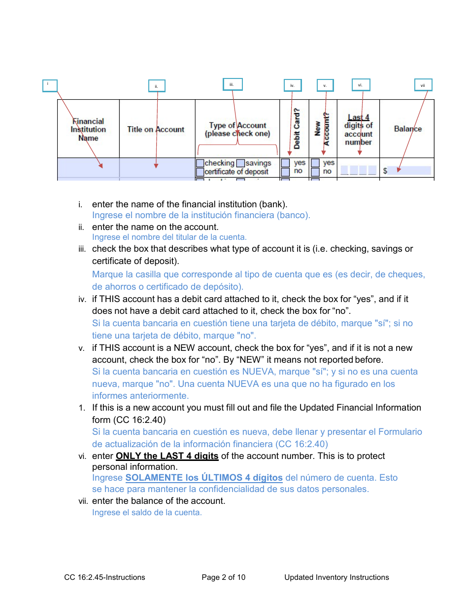 Instructions for Form CC16:2.45 Updated Inventory - Nebraska (English / Spanish), Page 2