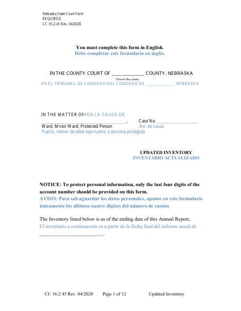 Form CC16:2.45 Updated Inventory - Nebraska (English/Spanish)