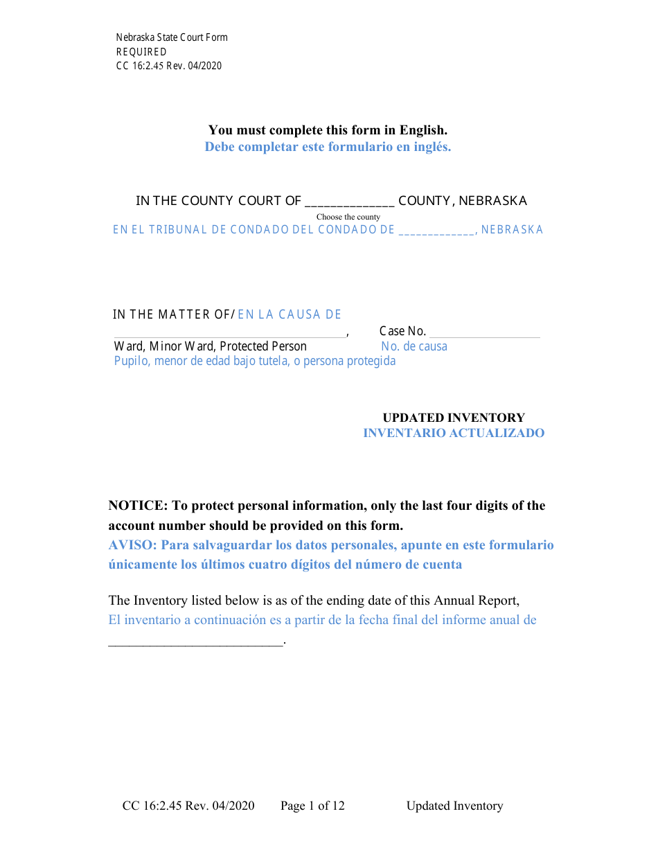 Form CC16:2.45 Updated Inventory - Nebraska (English / Spanish), Page 1