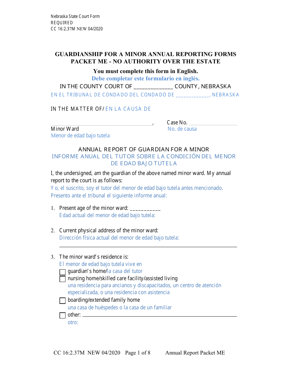 Form CC16:2.37M Packet Me - Guardianship With No Authority Over the Estate of the Minor Ward Annual Reporting Forms - Nebraska (English / Spanish), Page 5
