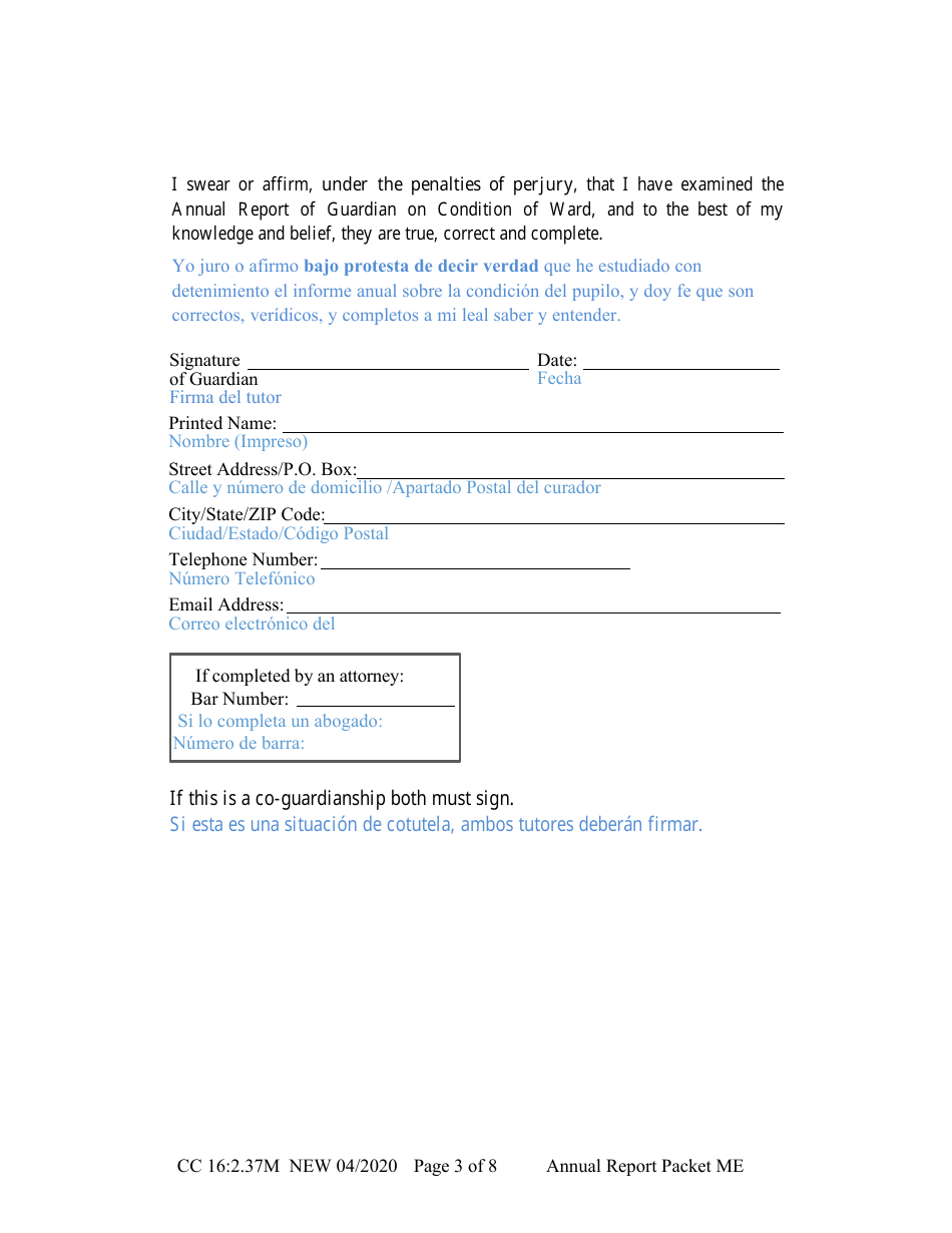 Form CC16:2.37M Packet Me - Guardianship With No Authority Over the Estate of the Minor Ward Annual Reporting Forms - Nebraska (English / Spanish), Page 7