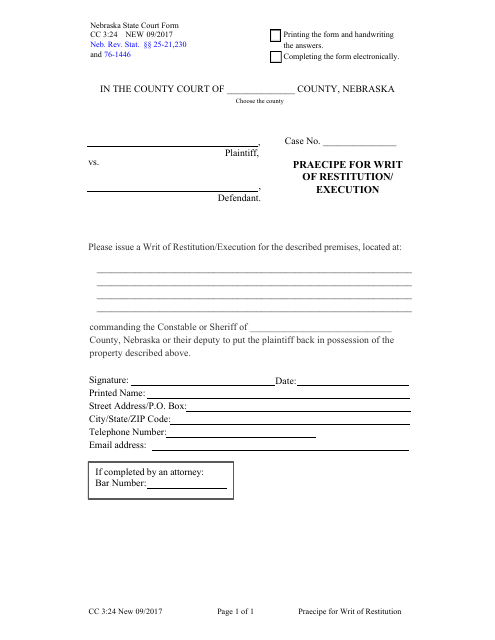 Form CC3:24 Praecipe for Writ of Restitution/Execution - Nebraska