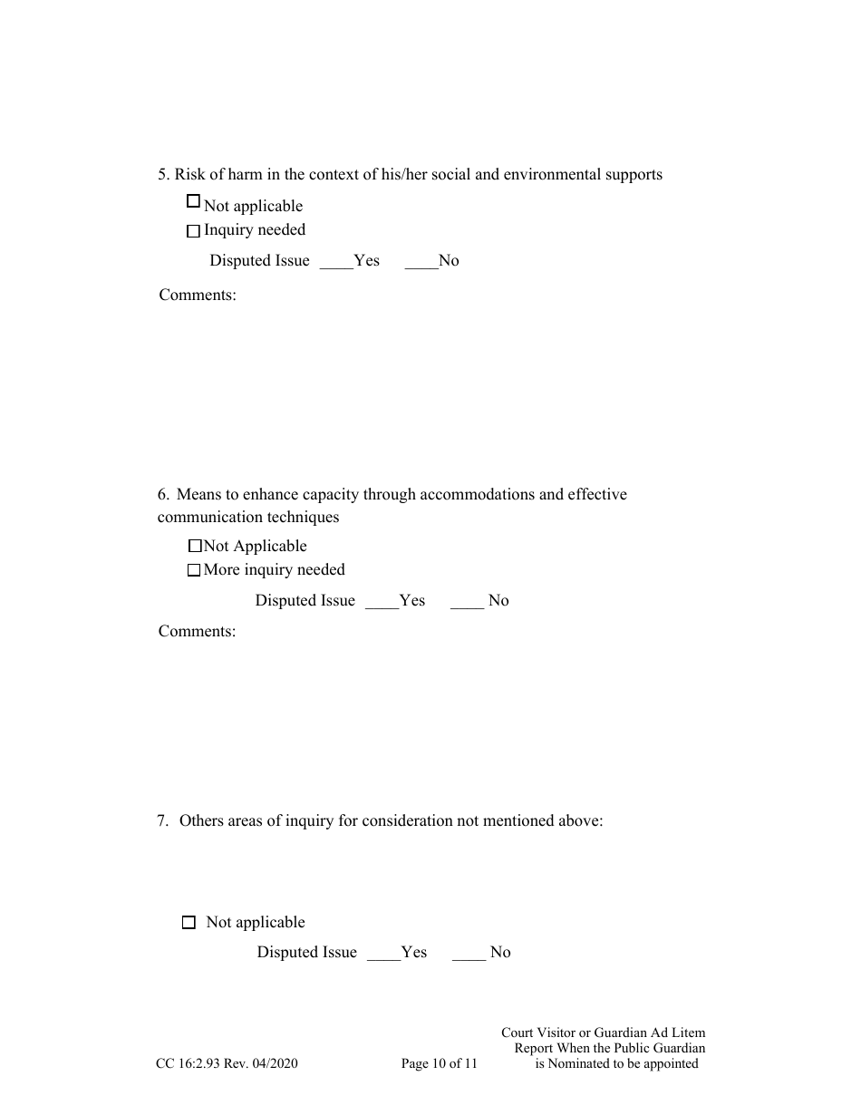 Form CC16:2.93 Visitor or Guardian Ad Litem Report When the Public Guardian Is Nominated to Be Appointed Confidential - Nebraska, Page 10