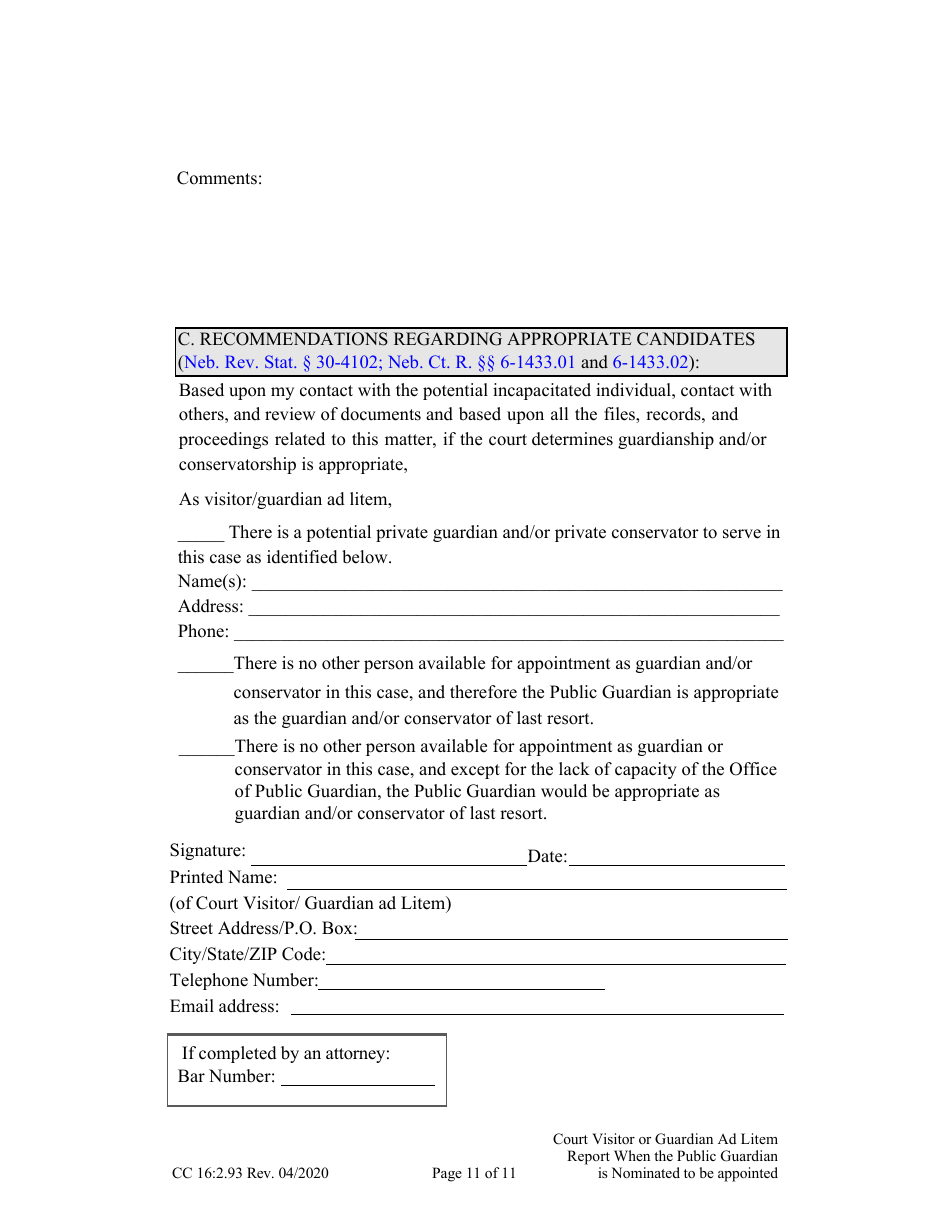Form CC16:2.93 Visitor or Guardian Ad Litem Report When the Public Guardian Is Nominated to Be Appointed Confidential - Nebraska, Page 11