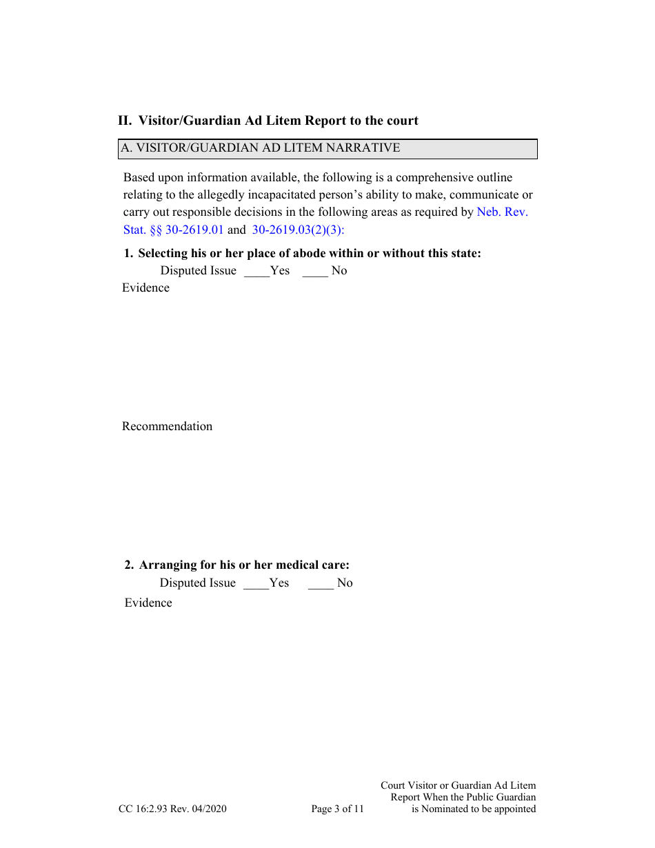 Form CC16:2.93 Visitor or Guardian Ad Litem Report When the Public Guardian Is Nominated to Be Appointed Confidential - Nebraska, Page 3